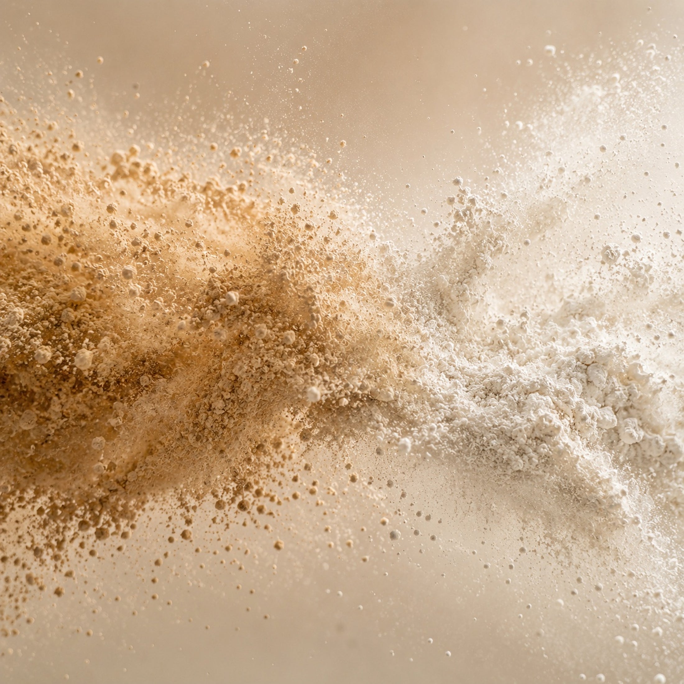 Feine beigefarbene und cremeweiße Wirkstoffpulver vermischen sich in einer dynamischen Wolke und symbolisieren die Wechselwirkungen und Synergien verschiedener Nährstoffe.