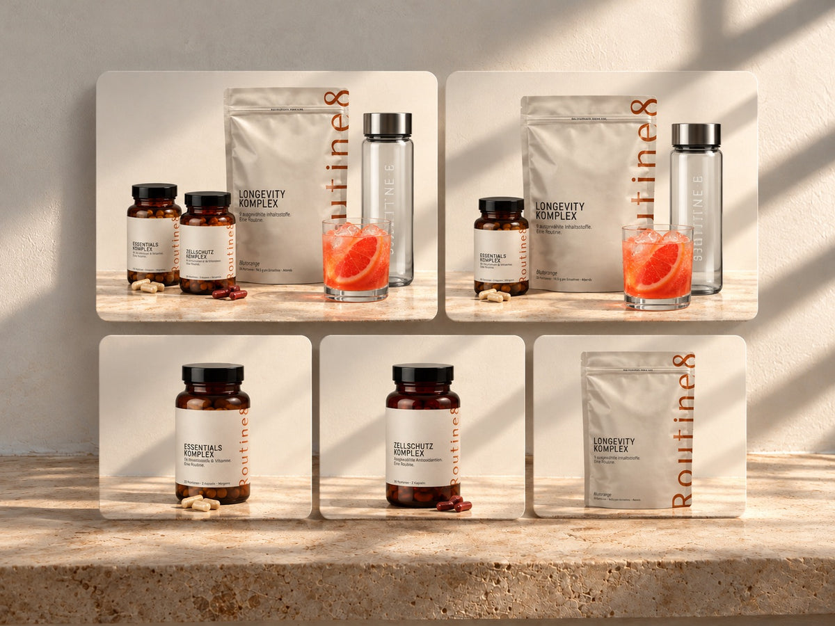 ROUTINE8 Produktübersicht mit fünf Produktkarten: zwei Longevity Bundles sowie Essentials, Zellschutz und Longevity Komplex.