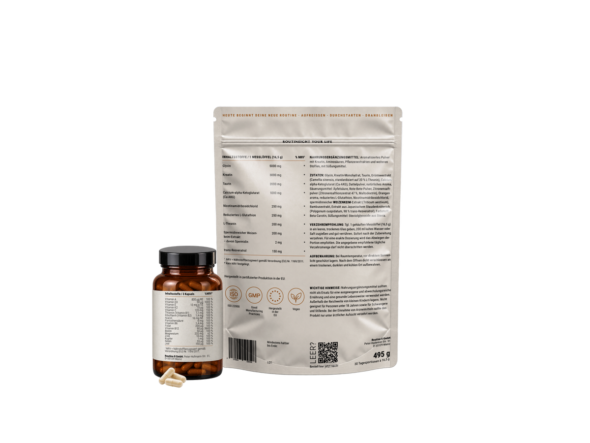 ROUTINE8 Longevity Bundle Basis mit Rückseiten der Nahrungsergänzungsmittel Longevity Komplex und Essentials Komplex.