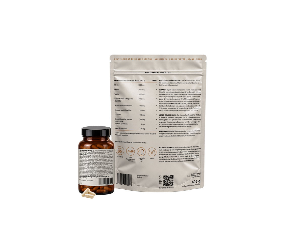 ROUTINE8 Longevity Bundle Basis mit Rückseiten mit Zutatenlisten der Nahrungsergänzungsmittel Longevity Komplex und Essentials Komplex.