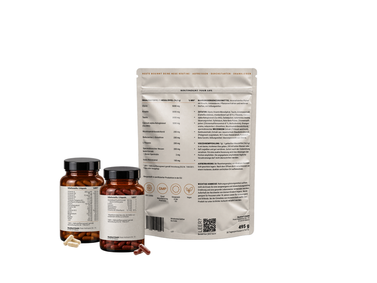 ROUTINE8 Longevity Bundle Complete mit Rückseiten der Nahrungsergänzungsmittel Longevity Komplex und Essentials Komplex.