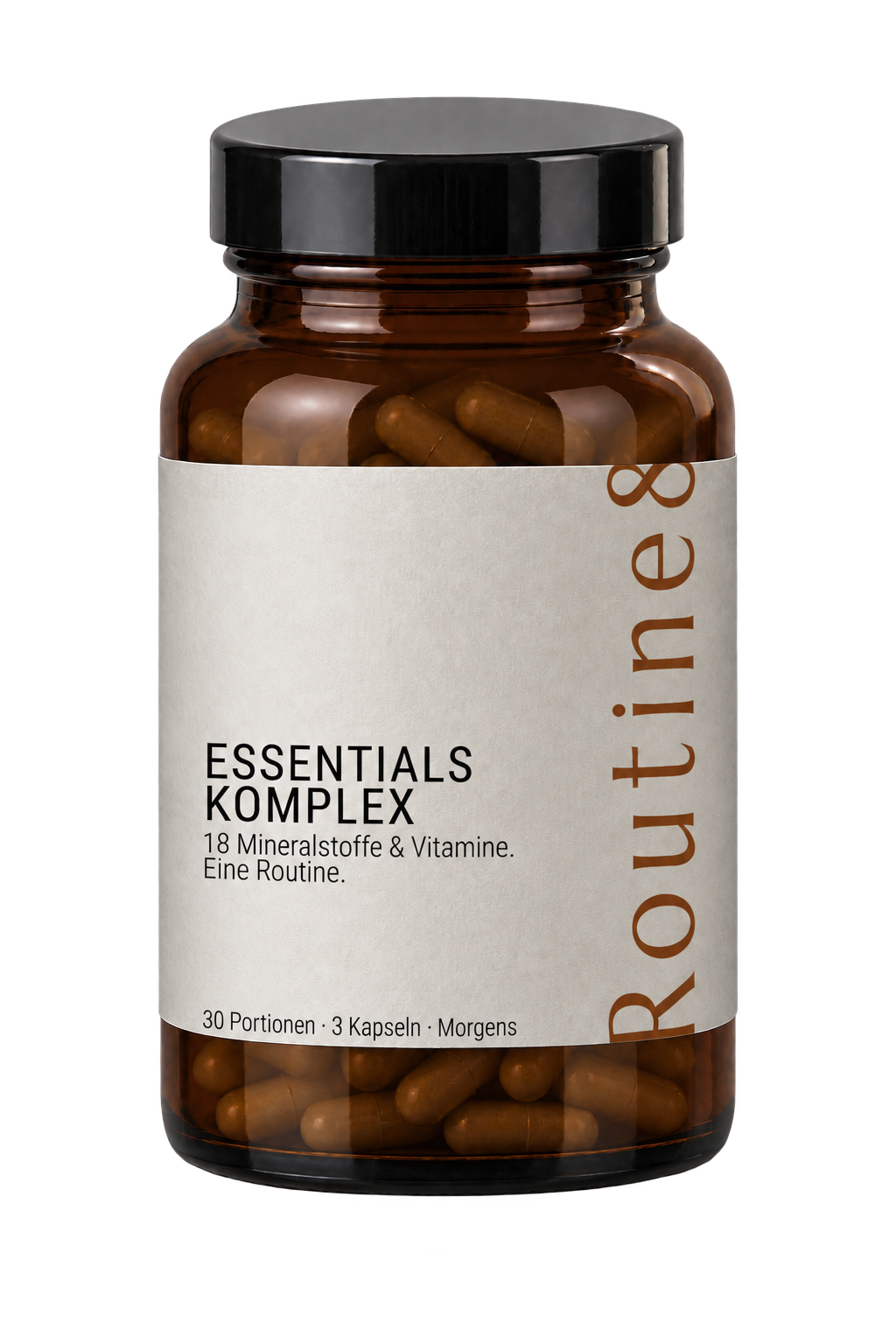 ROUTINE8 Essentials Komplex Multivitamin-Nahrungsergänzungsmittel im Braunglas mit hellen Kapseln.